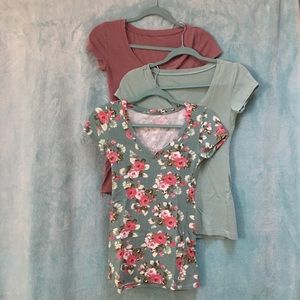 V-neck T-shirts, Rouge/maroon, baby Blue, & Floral